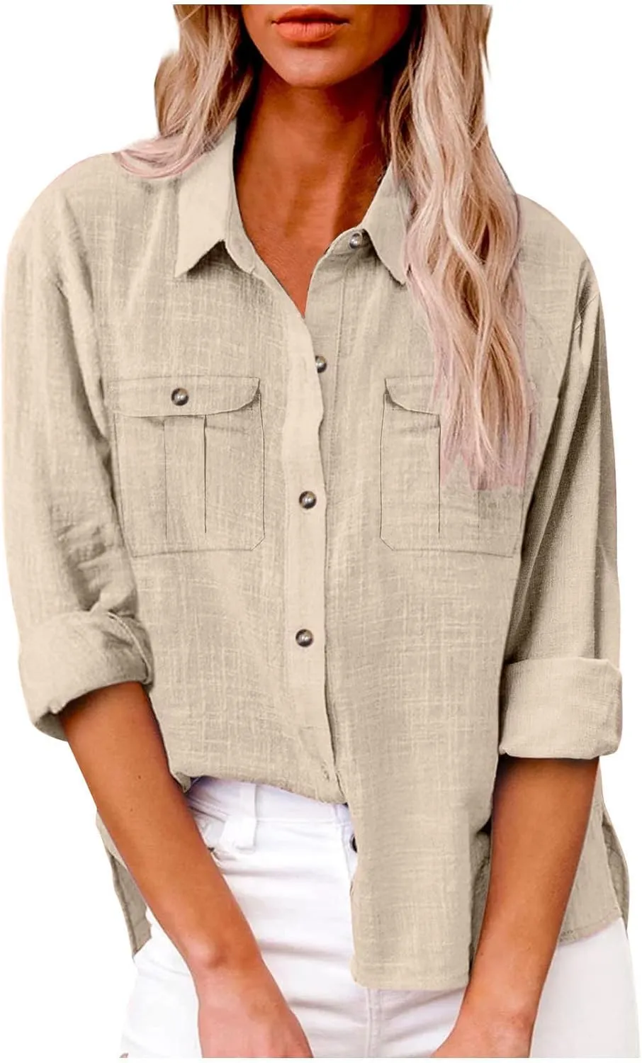 Linen Shirts for Women Summer Front Double Pockets Tops Tunic Linen Fabric Soft Breathable Blouses Fashion T Shirt