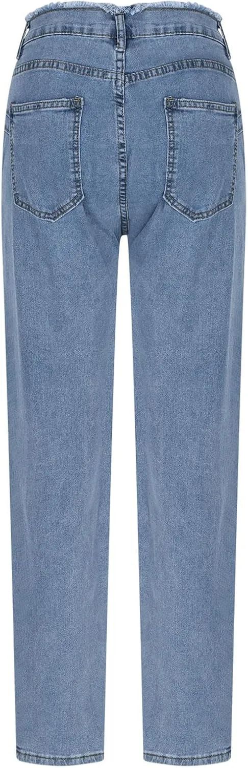 Lmdudan Plus Size Women's High Waisted Skinny Destroyed Ripped Hole Denim Pants Long Stretch Pencil Jeans Pants with Pockets