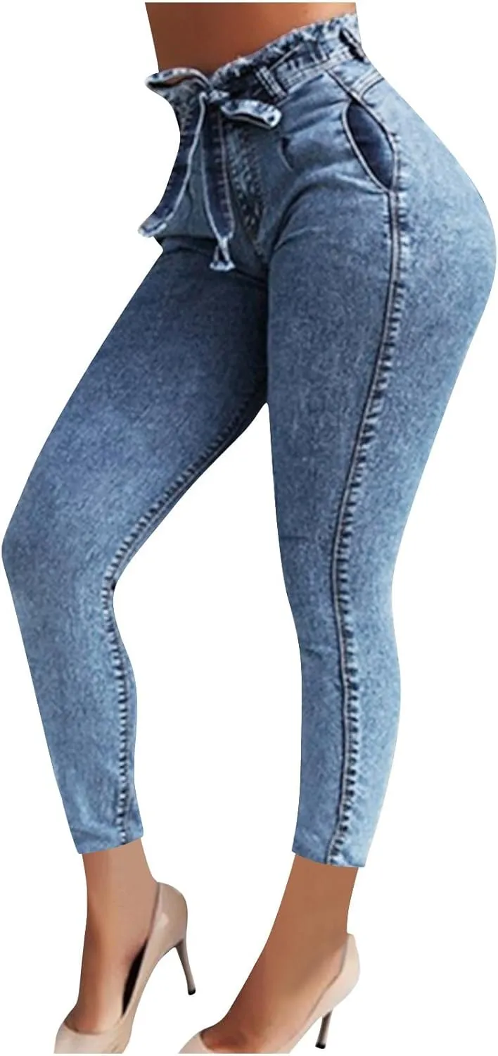 Lmdudan Plus Size Women's High Waisted Skinny Destroyed Ripped Hole Denim Pants Long Stretch Pencil Jeans Pants with Pockets