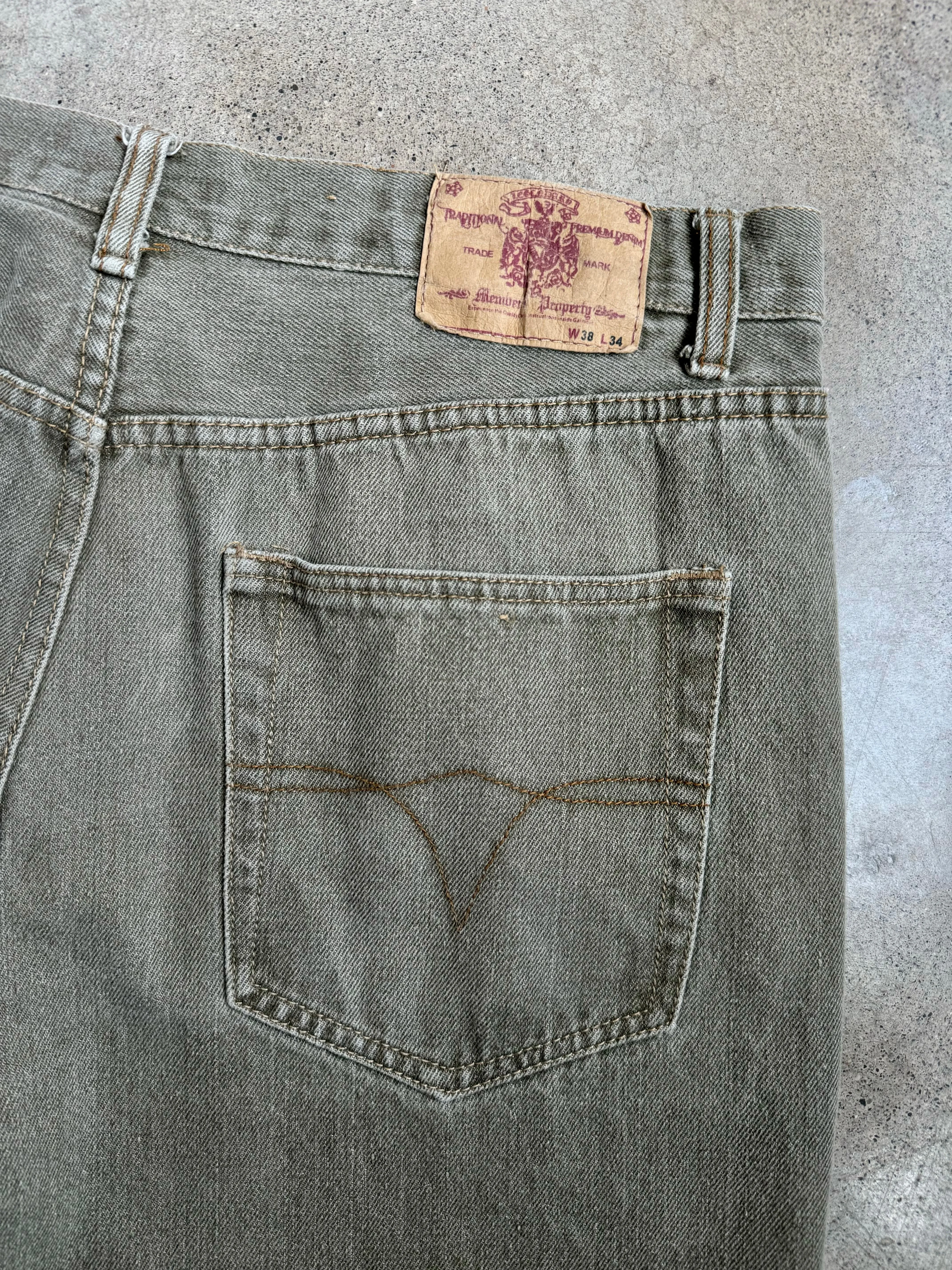 Members Property Washed Green Khaki Straight Leg Jeans (W38")
