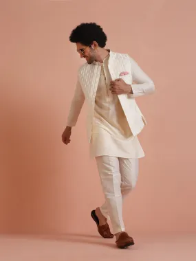 Men White Jacquard Kurta Jacket Trouser Set with Geometric
