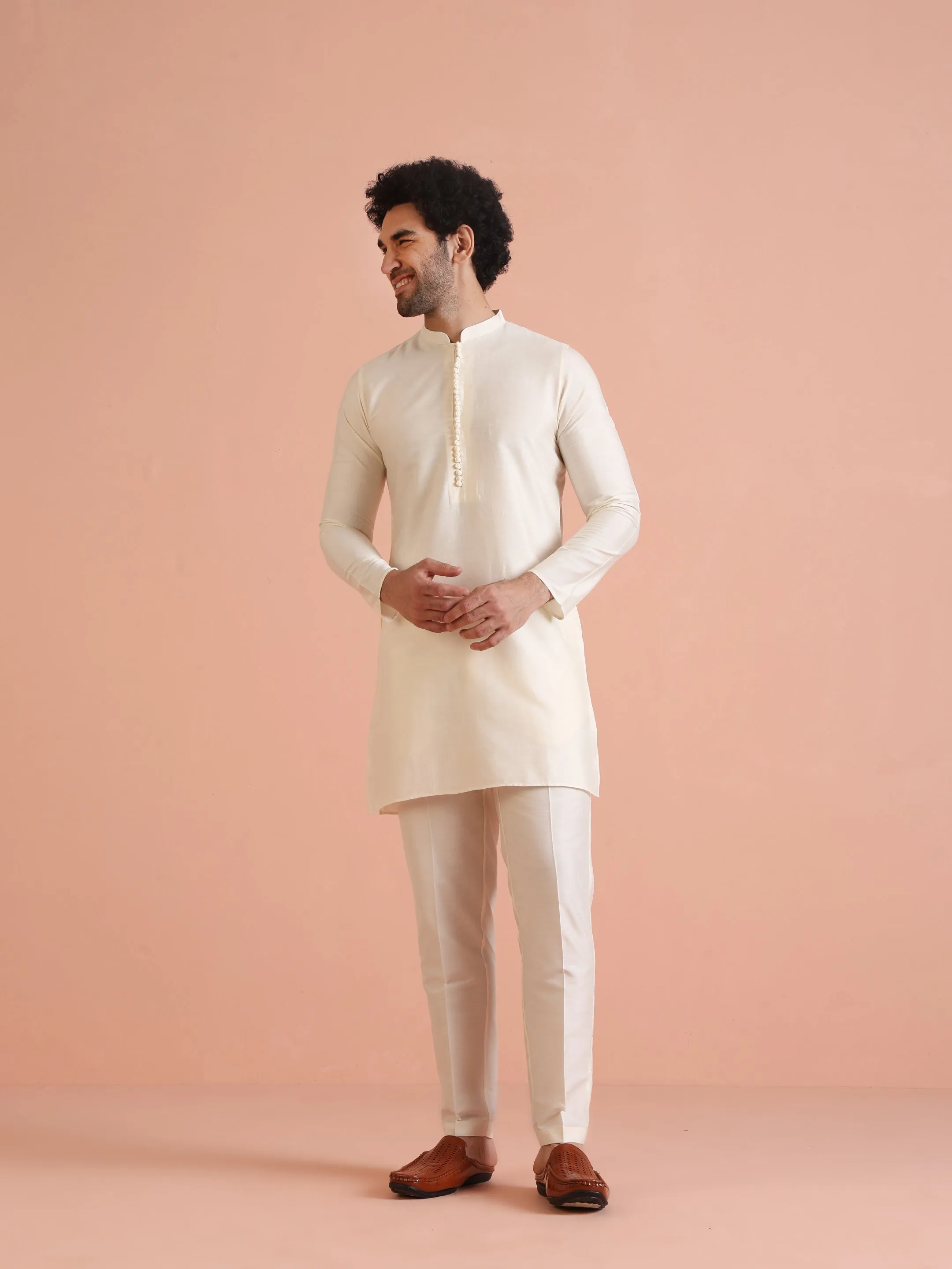 Men White Jacquard Kurta Jacket Trouser Set with Geometric