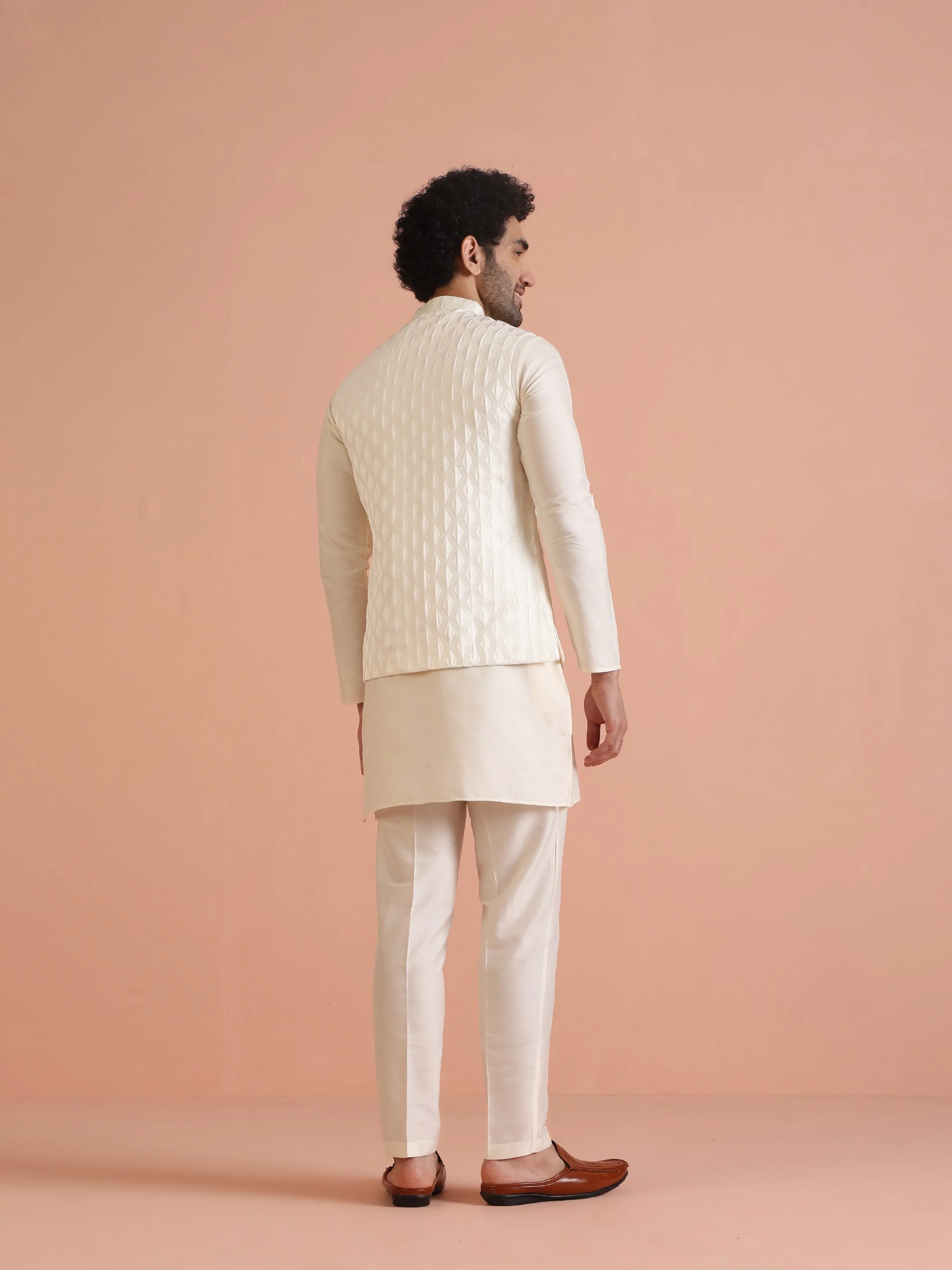 Men White Jacquard Kurta Jacket Trouser Set with Geometric