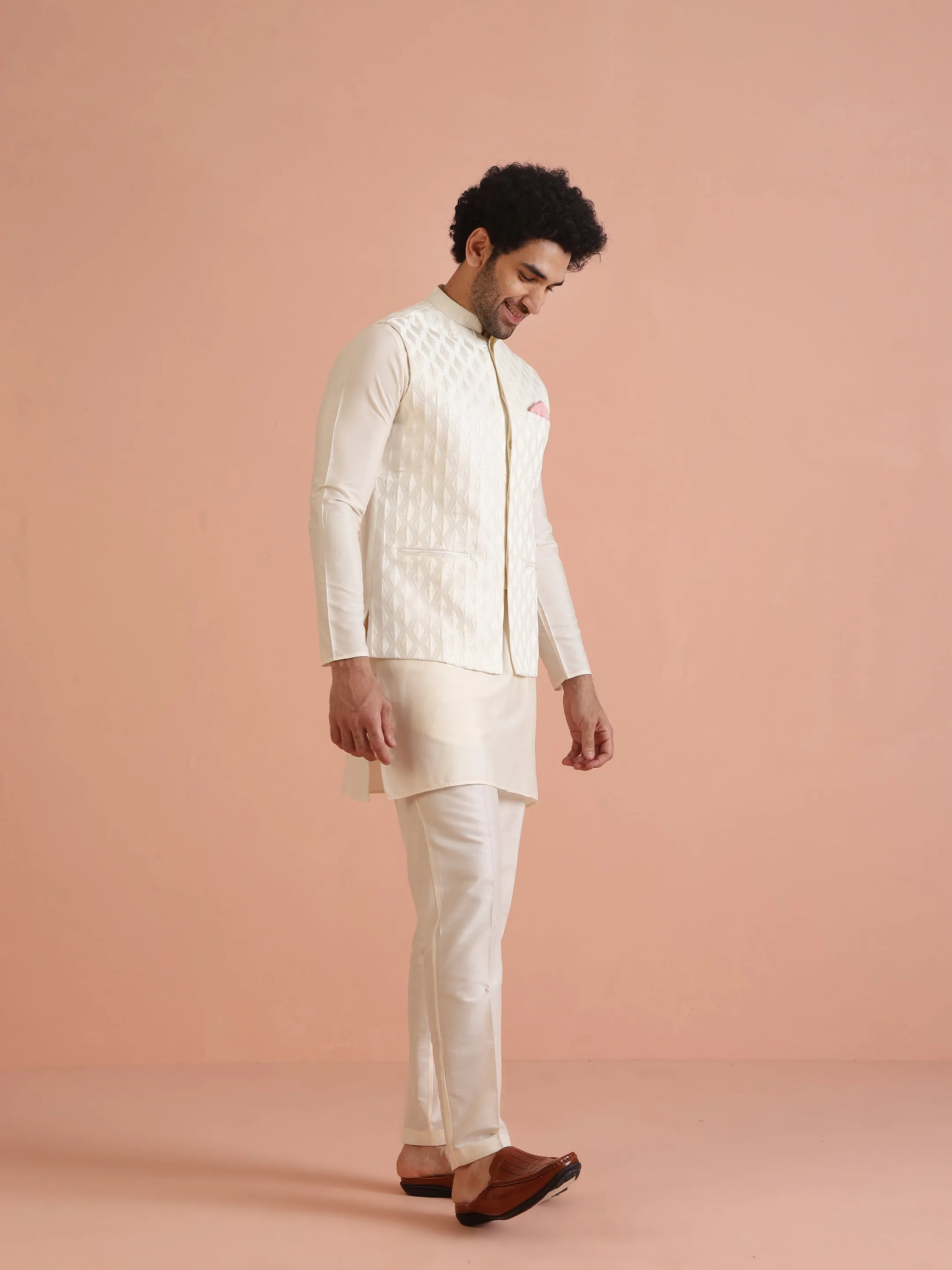 Men White Jacquard Kurta Jacket Trouser Set with Geometric