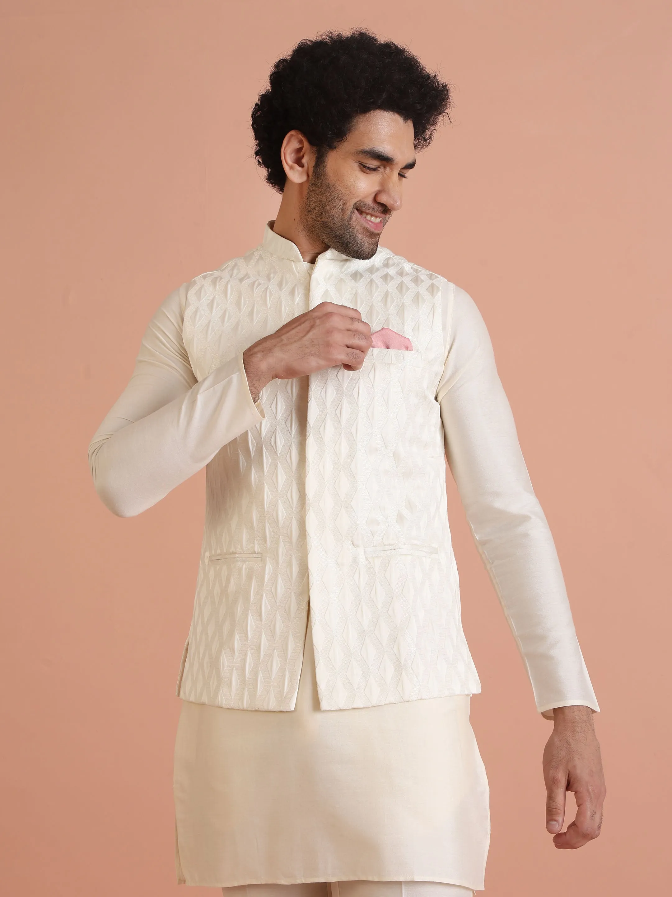 Men White Jacquard Kurta Jacket Trouser Set with Geometric