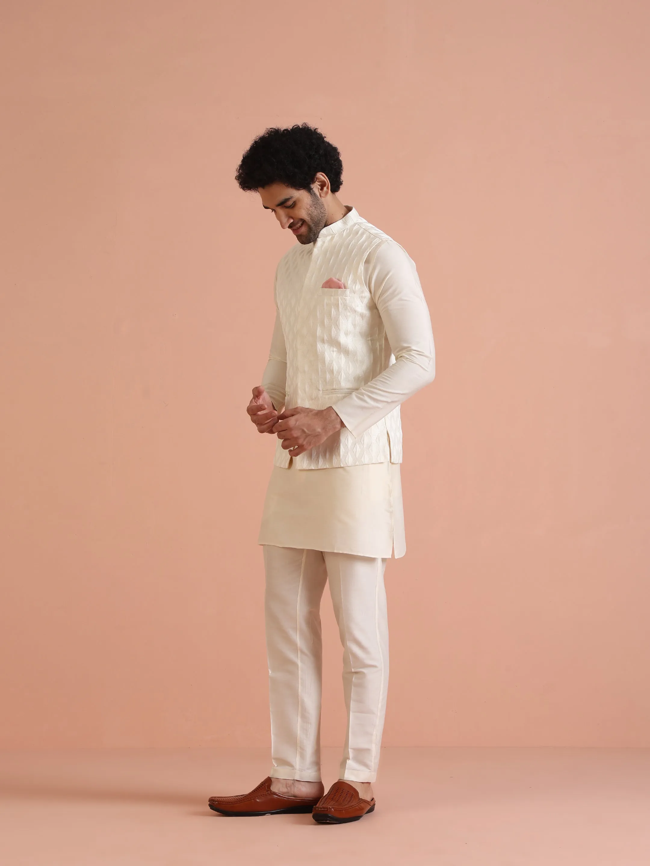 Men White Jacquard Kurta Jacket Trouser Set with Geometric