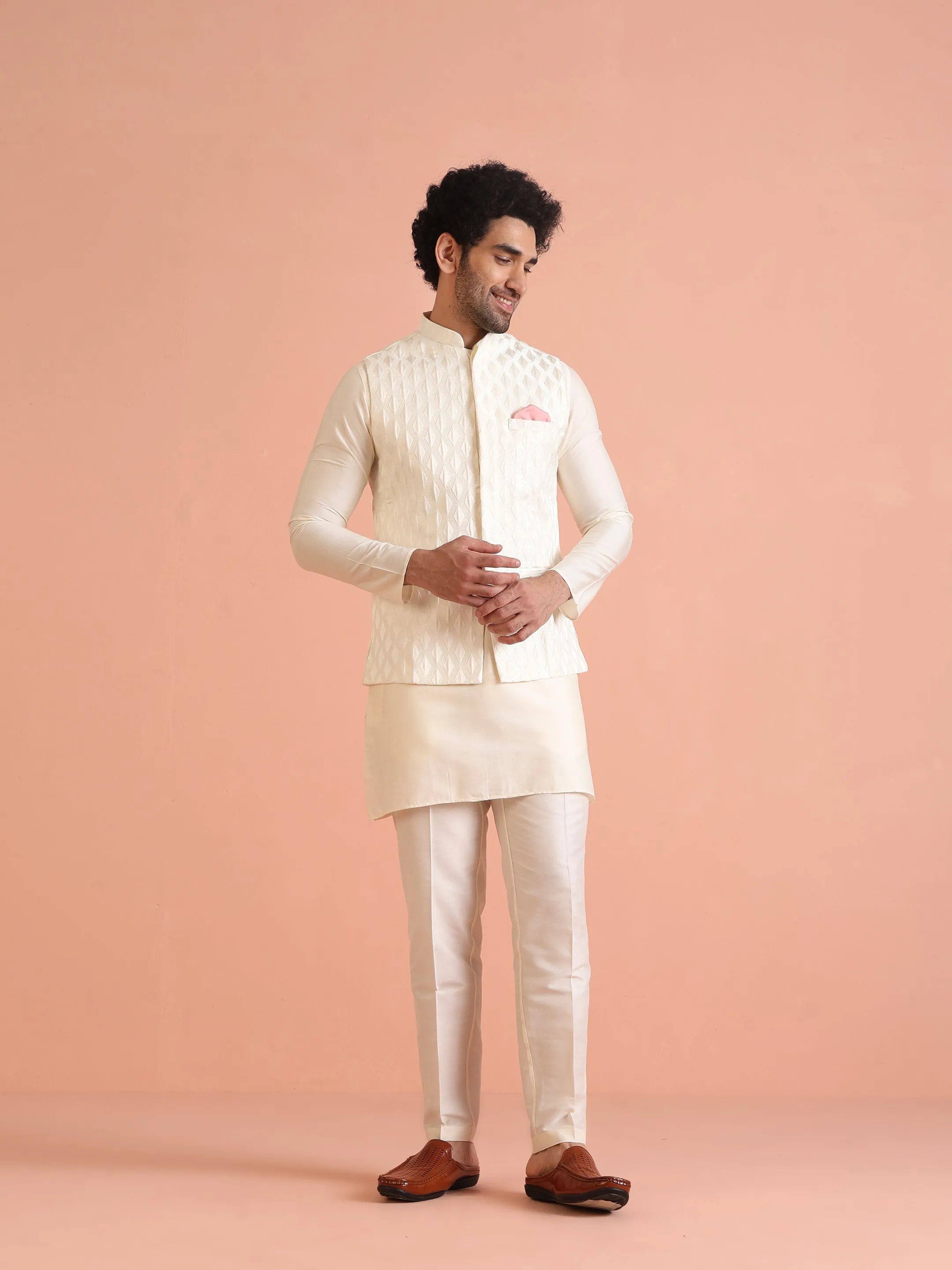Men White Jacquard Kurta Jacket Trouser Set with Geometric
