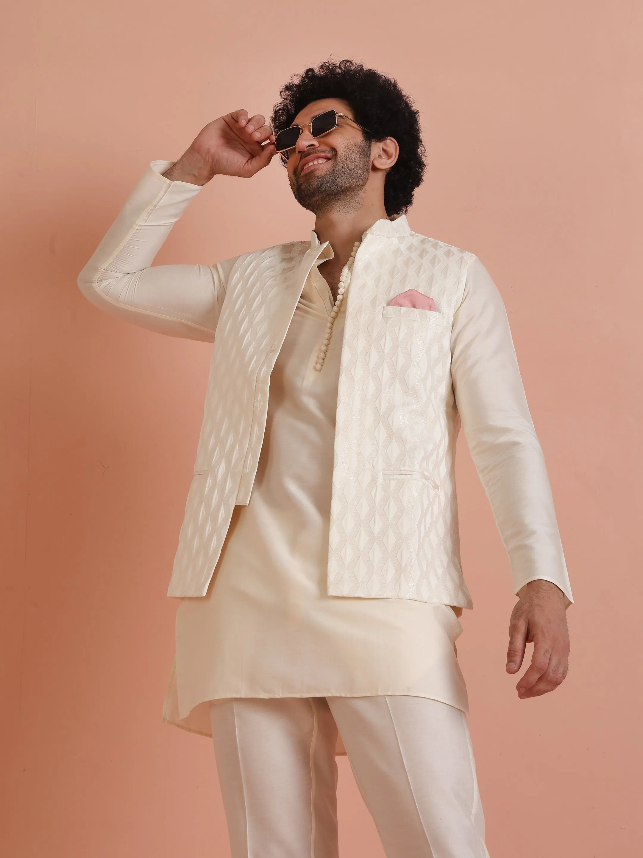 Men White Jacquard Kurta Jacket Trouser Set with Geometric