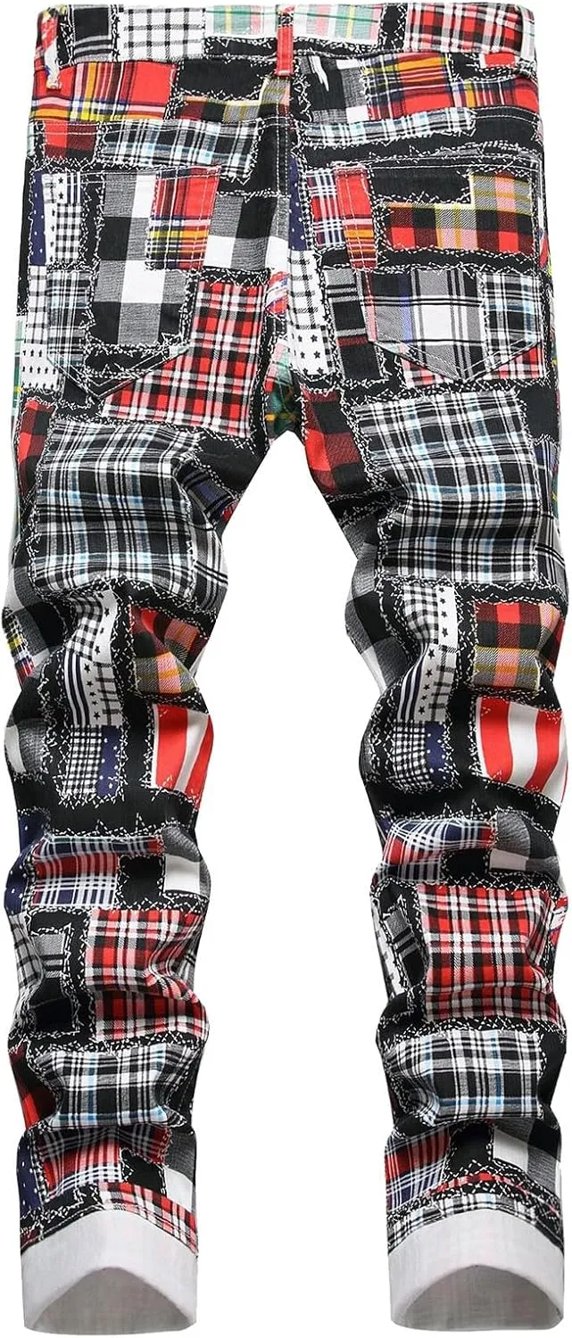 Men's Casual Denim Pants Slim Fit Stretch Comfy Print Straight Leg Jeans Classic Western Denim Trousers with Pockets