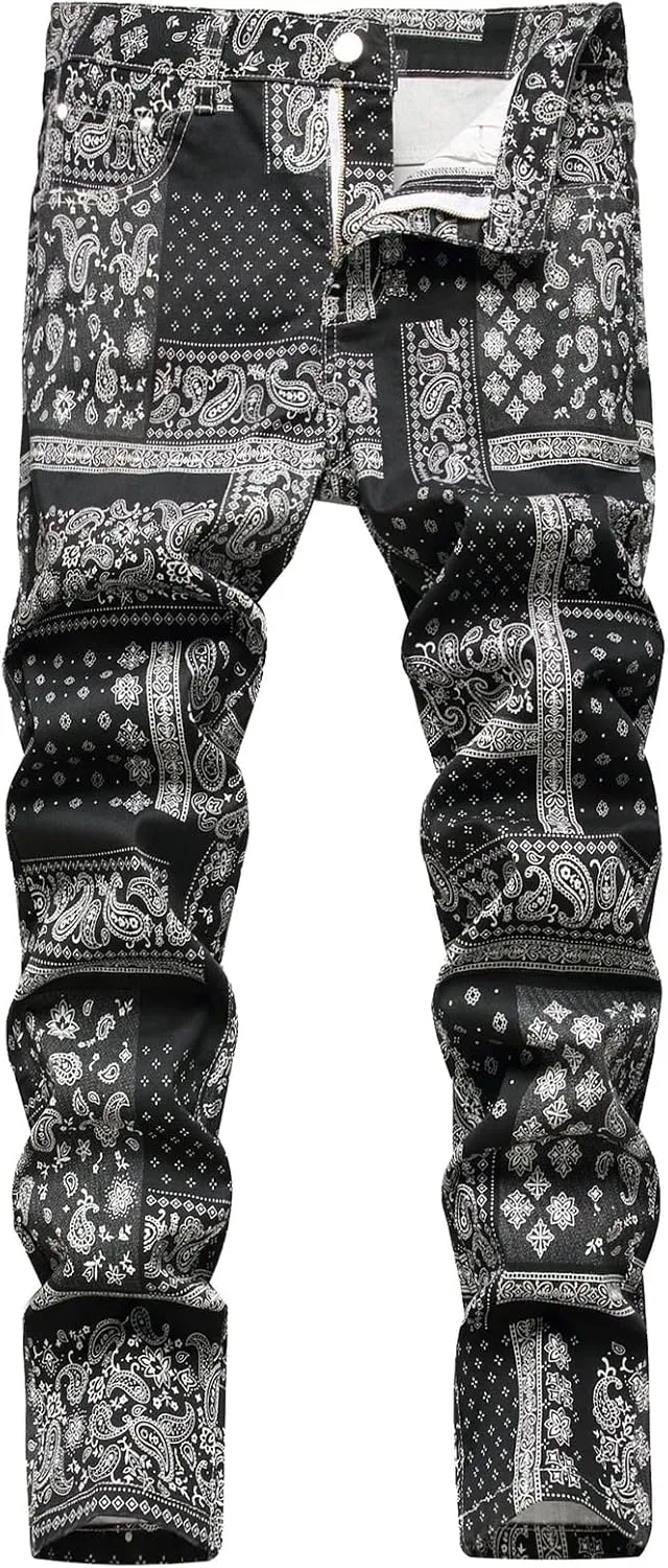 Men's Casual Denim Pants Slim Fit Stretch Comfy Print Straight Leg Jeans Classic Western Denim Trousers with Pockets
