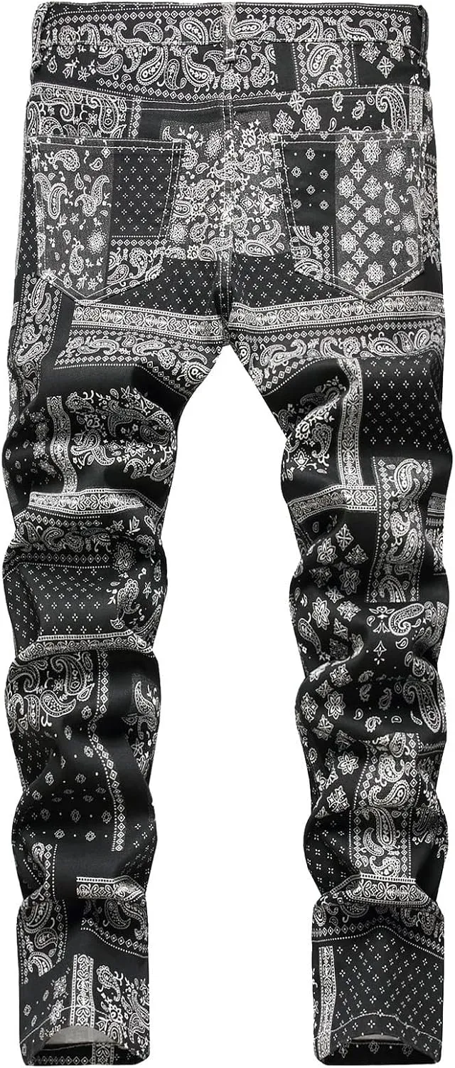 Men's Casual Denim Pants Slim Fit Stretch Comfy Print Straight Leg Jeans Classic Western Denim Trousers with Pockets