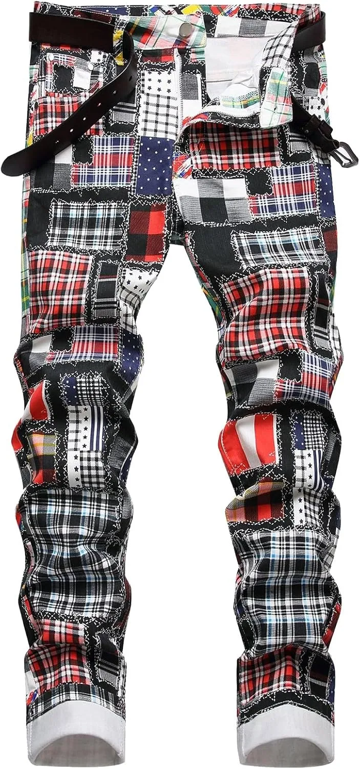 Men's Casual Denim Pants Slim Fit Stretch Comfy Print Straight Leg Jeans Classic Western Denim Trousers with Pockets