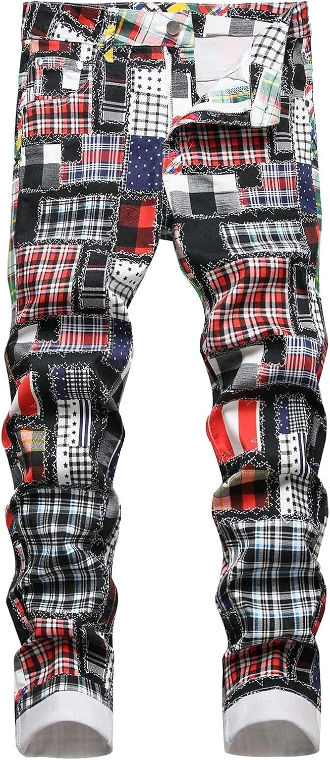 Men's Casual Denim Pants Slim Fit Stretch Comfy Print Straight Leg Jeans Classic Western Denim Trousers with Pockets