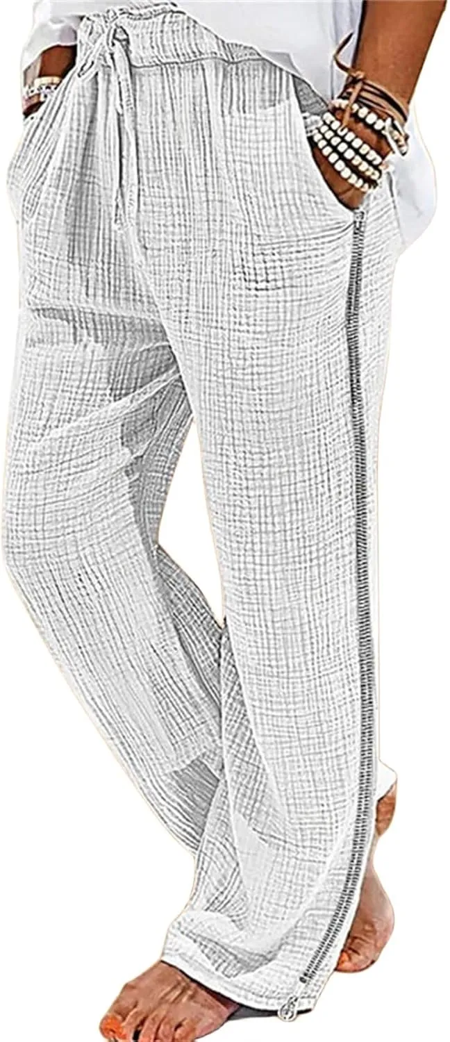 Men's Casual Linen Pants Elastic Waist Drawstring Fit Wide Leg Pants Lightweight Lounge Pants with Pockets