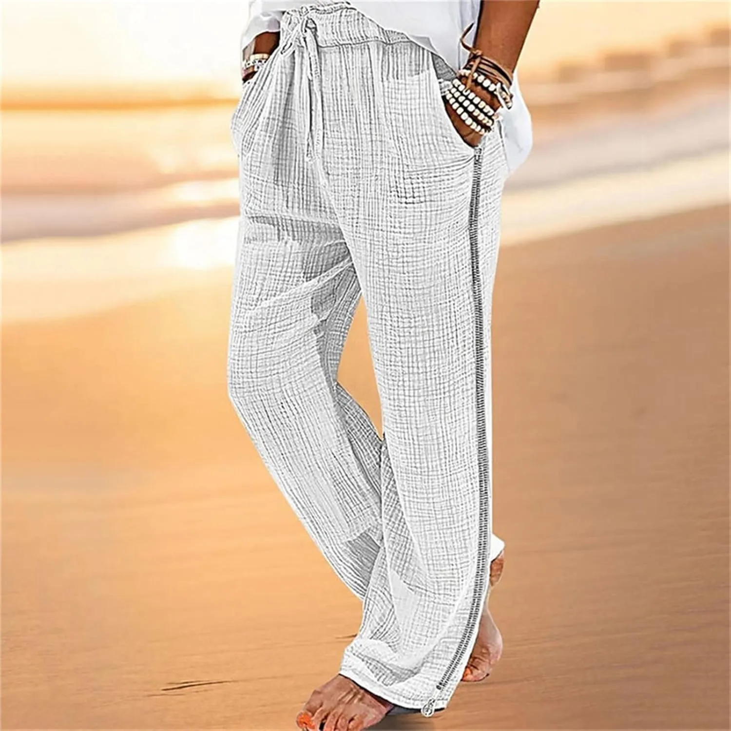 Men's Casual Linen Pants Elastic Waist Drawstring Fit Wide Leg Pants Lightweight Lounge Pants with Pockets