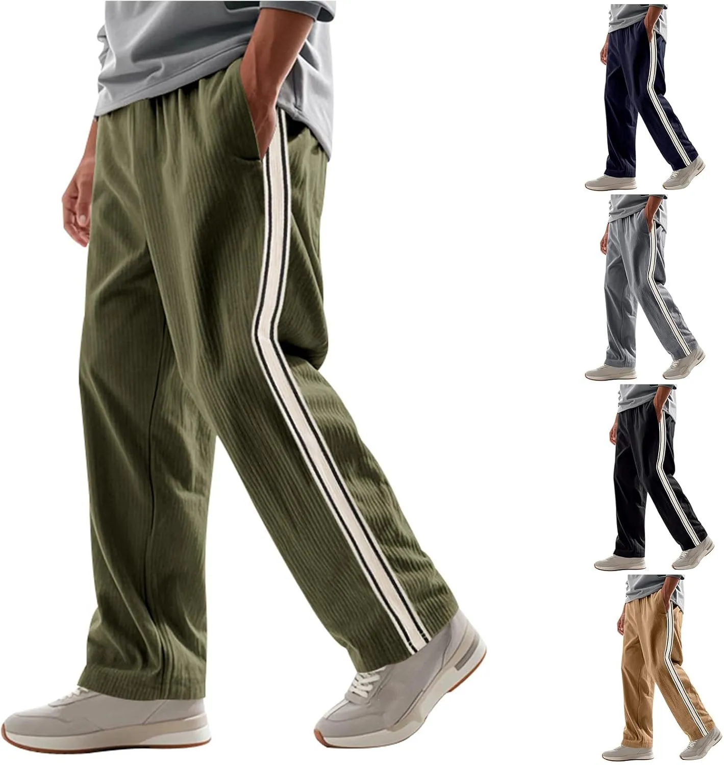 Men's Corduroy Sweatpants Casual Drawstring Stretch Pants Wide Leg Stripes Sweatpant Outdoor Stylish Athletic Pants