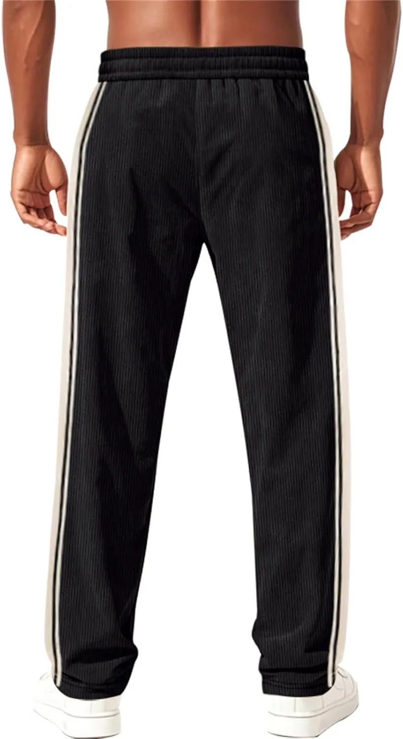 Men's Corduroy Sweatpants Casual Drawstring Stretch Pants Wide Leg Stripes Sweatpant Outdoor Stylish Athletic Pants