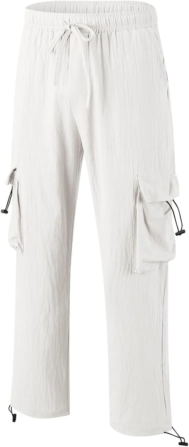 Men's Cotton Linen Cargo Pants Elastic Waist Drawstring Multi-Pockets for Sports Hiking Casual Summer Wear