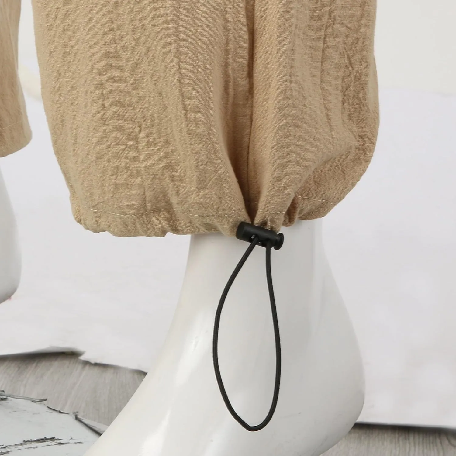 Men's Cotton Linen Cargo Pants Elastic Waist Drawstring Multi-Pockets for Sports Hiking Casual Summer Wear