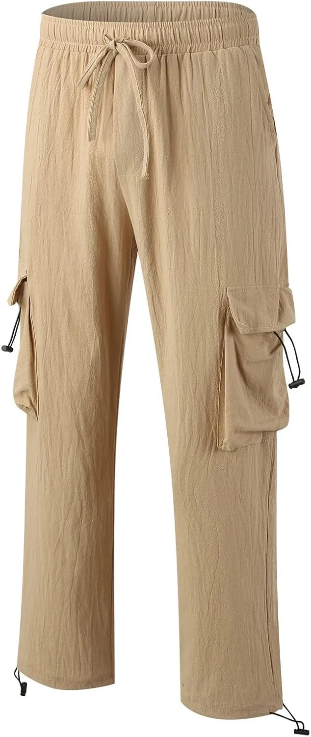 Men's Cotton Linen Cargo Pants Elastic Waist Drawstring Multi-Pockets for Sports Hiking Casual Summer Wear