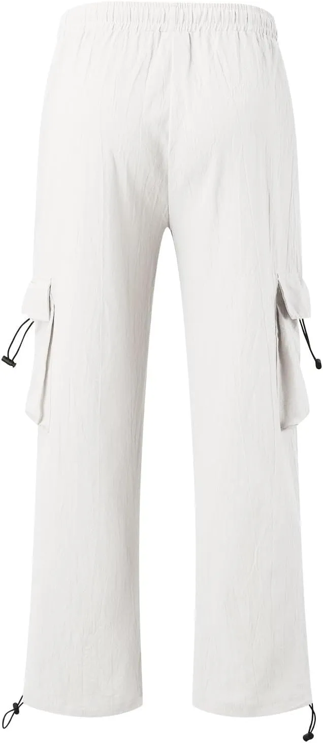 Men's Cotton Linen Cargo Pants Elastic Waist Drawstring Multi-Pockets for Sports Hiking Casual Summer Wear
