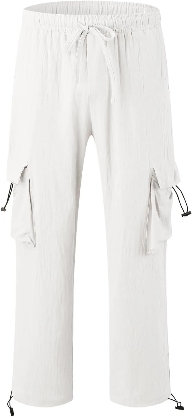 Men's Cotton Linen Cargo Pants Elastic Waist Drawstring Multi-Pockets for Sports Hiking Casual Summer Wear