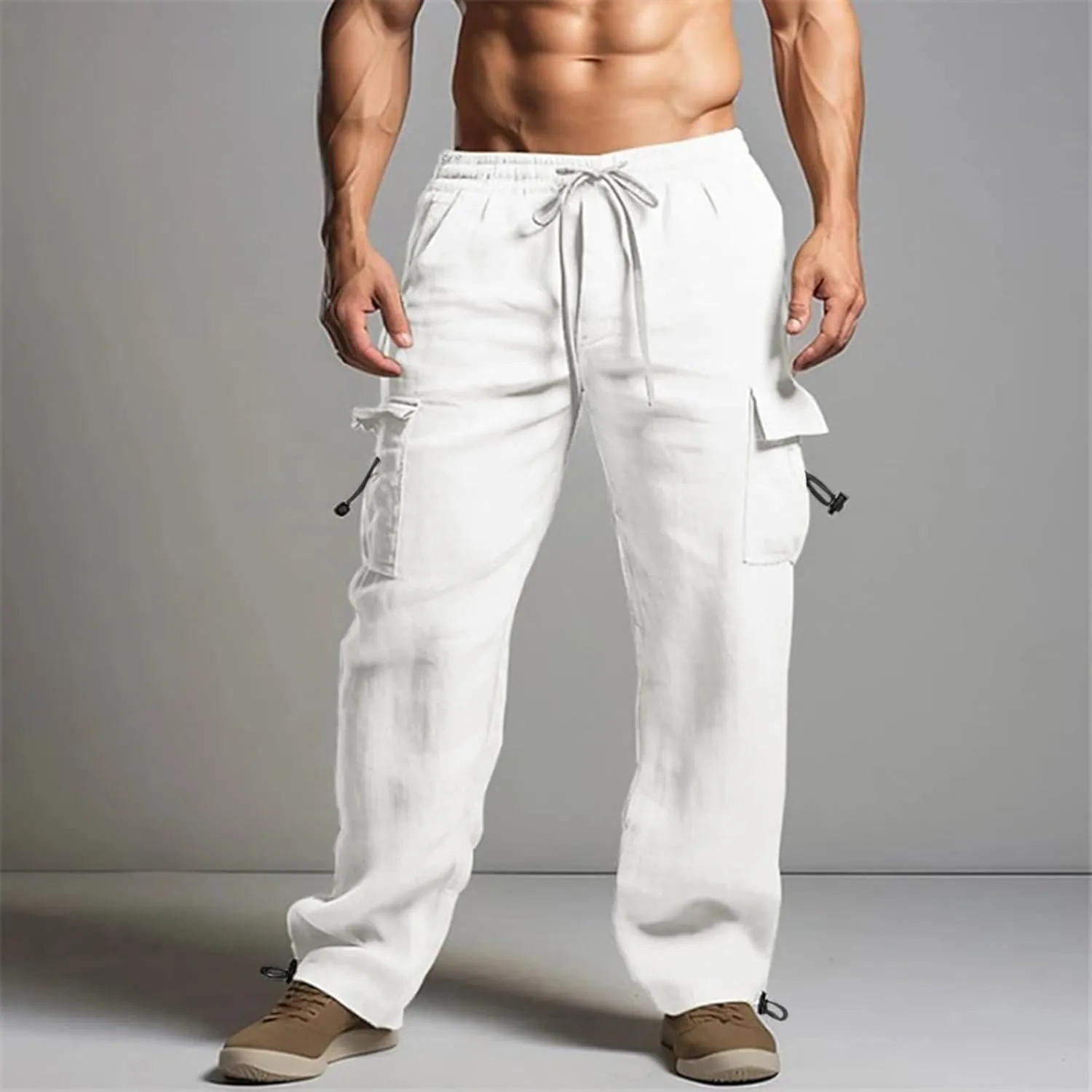 Men's Cotton Linen Cargo Pants Elastic Waist Drawstring Multi-Pockets for Sports Hiking Casual Summer Wear