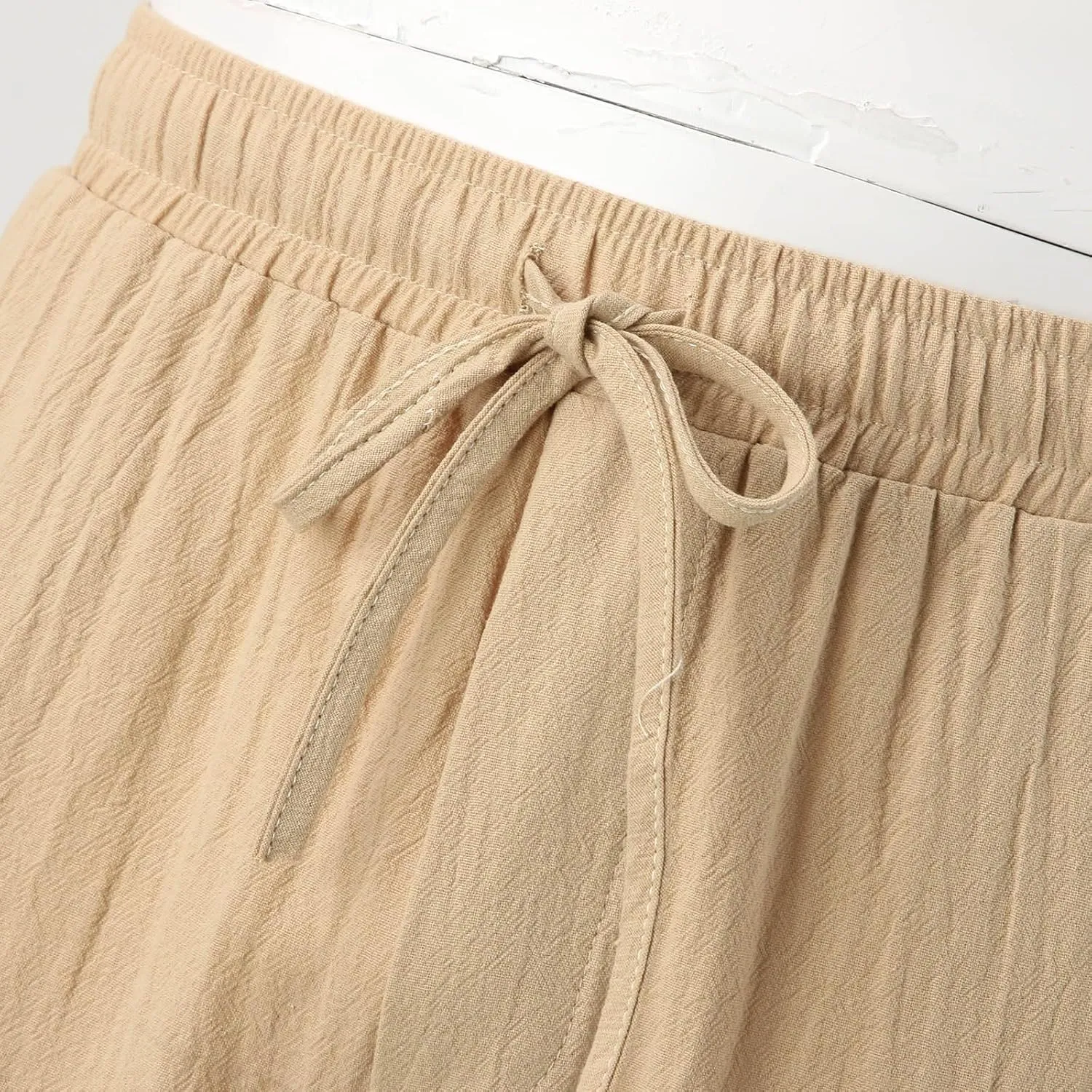 Men's Cotton Linen Cargo Pants Elastic Waist Drawstring Multi-Pockets for Sports Hiking Casual Summer Wear