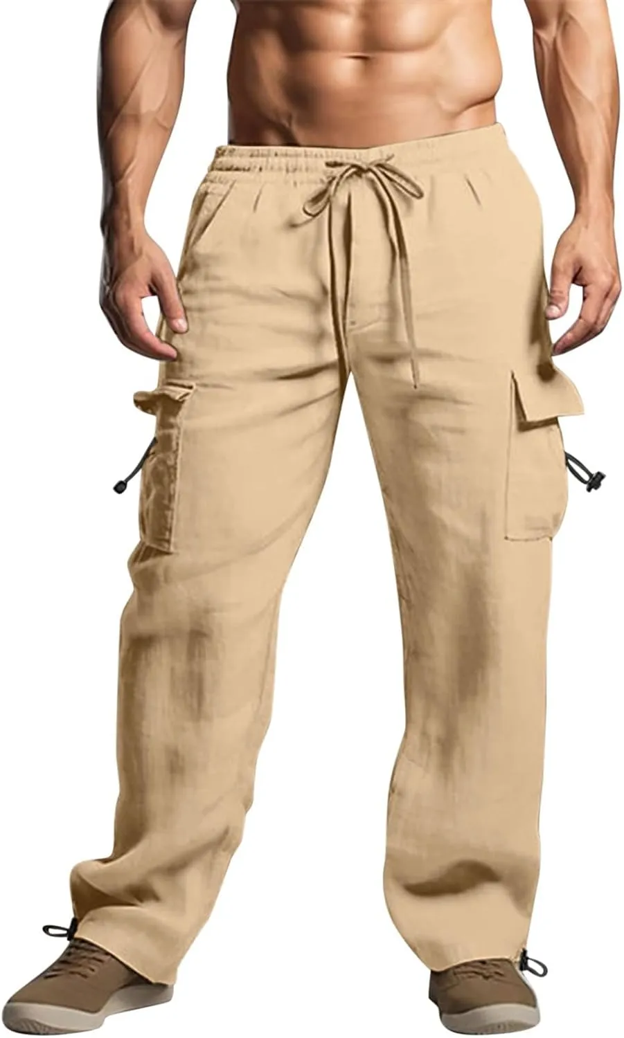 Men's Cotton Linen Cargo Pants Elastic Waist Drawstring Multi-Pockets for Sports Hiking Casual Summer Wear