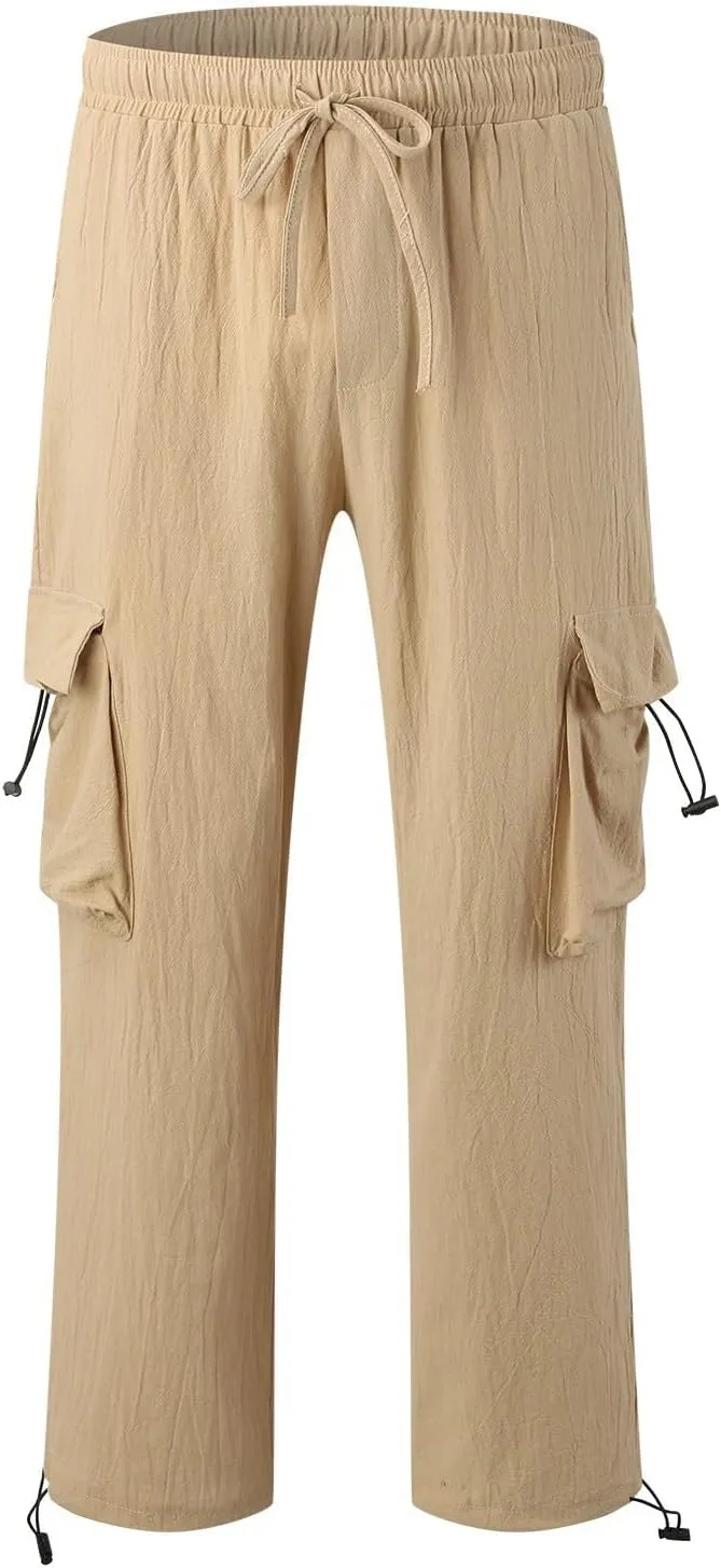 Men's Cotton Linen Cargo Pants Elastic Waist Drawstring Multi-Pockets for Sports Hiking Casual Summer Wear