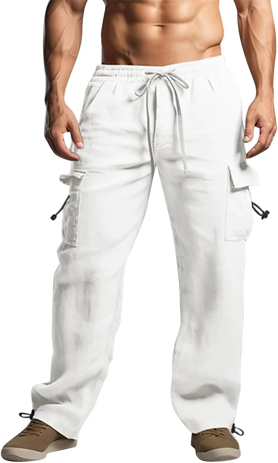 Men's Cotton Linen Cargo Pants Elastic Waist Drawstring Multi-Pockets for Sports Hiking Casual Summer Wear