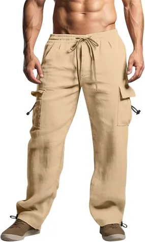 Men's Cotton Linen Cargo Pants Elastic Waist Drawstring Multi-Pockets for Sports Hiking Casual Summer Wear