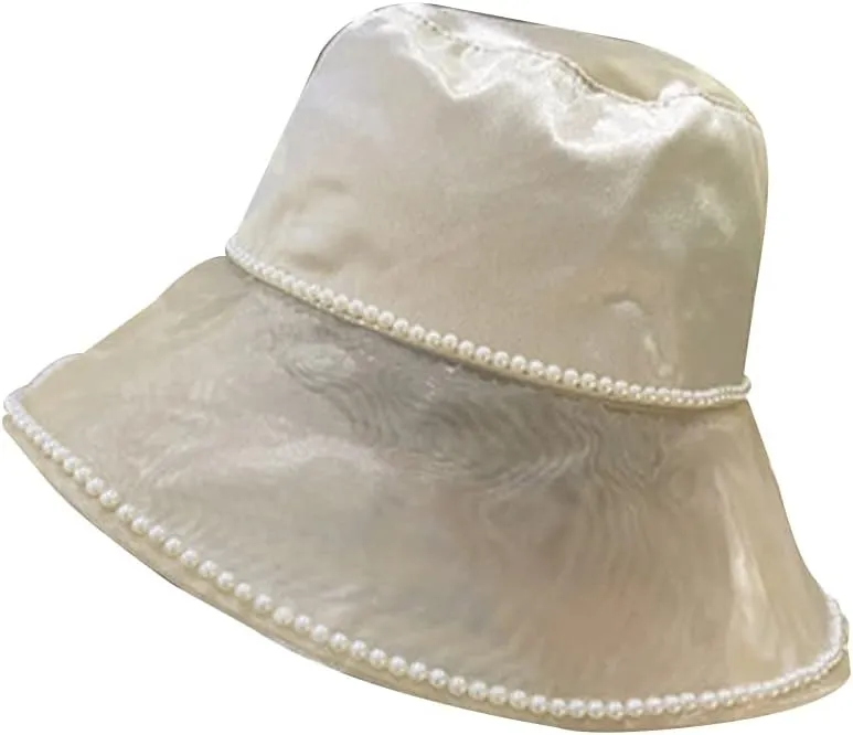 Mesh Sheer Bucket Hat Wide Brim Packable Sun Hat with Beads Fisherman Hats for Women Girls