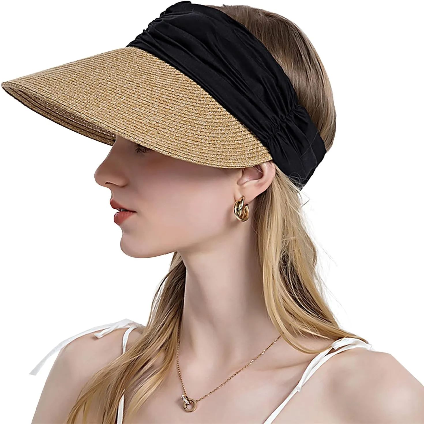 Outdoor Big Brim Visor Sun Straw Hat Womens Beach Sun Protection Cap Hat Braided Large Brim Sun Hat
