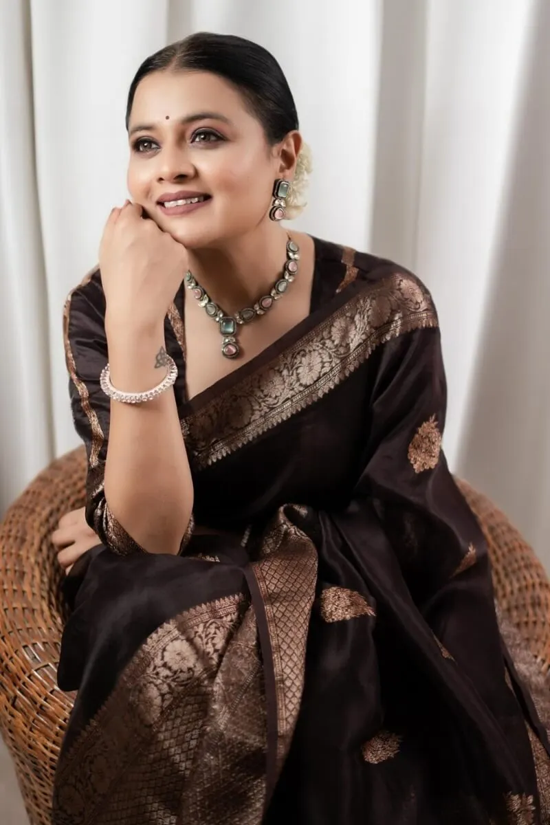 Prettiest Brown Soft Silk Saree With Designer Blouse Piece