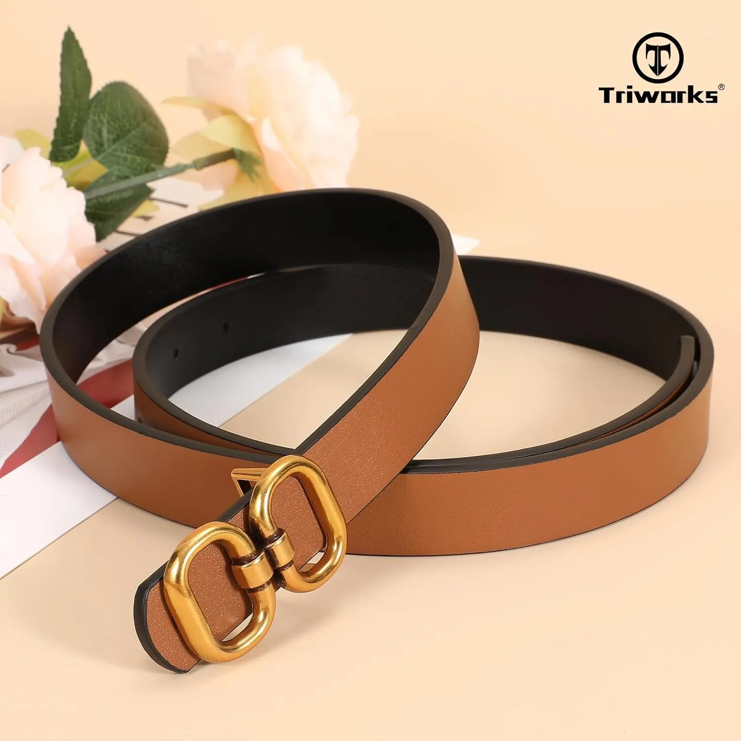 Reversible Leather Belt for Women with Gold Buckle Ladies Leather Belt for Jeans Pants