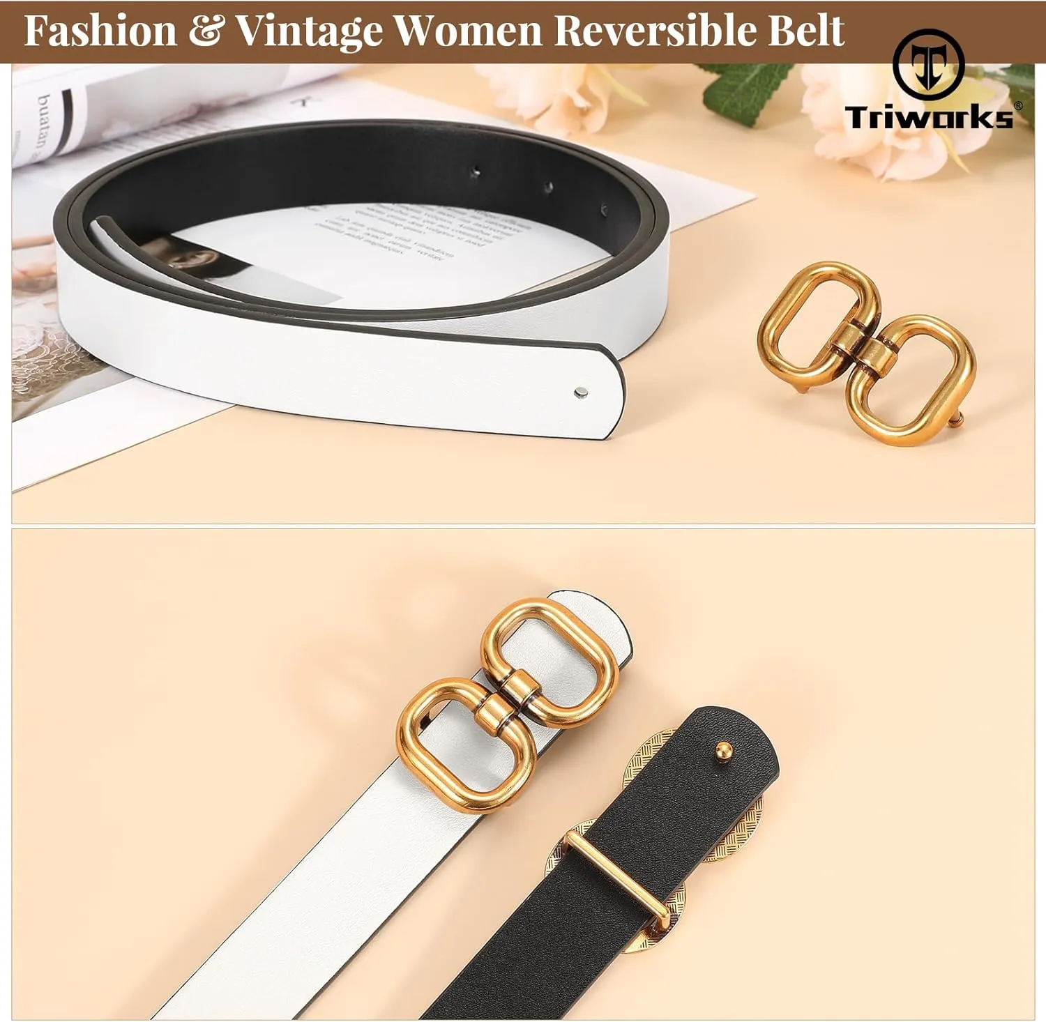 Reversible Leather Belt for Women with Gold Buckle Ladies Leather Belt for Jeans Pants