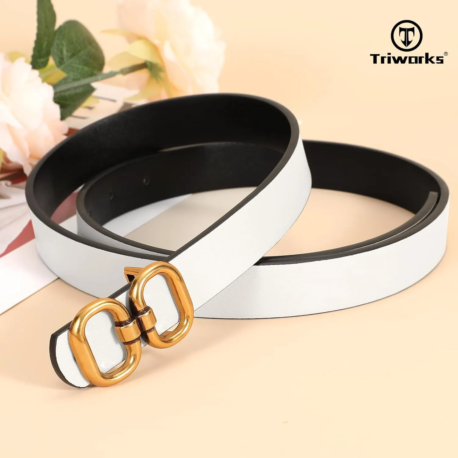 Reversible Leather Belt for Women with Gold Buckle Ladies Leather Belt for Jeans Pants
