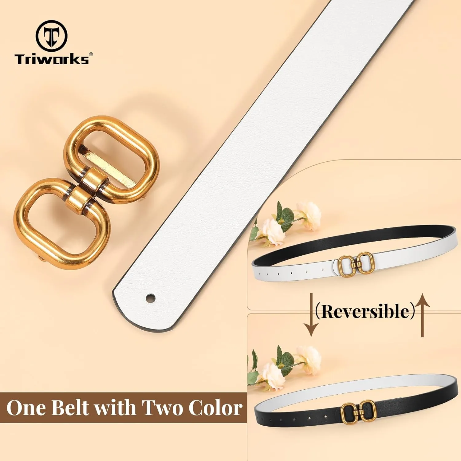 Reversible Leather Belt for Women with Gold Buckle Ladies Leather Belt for Jeans Pants