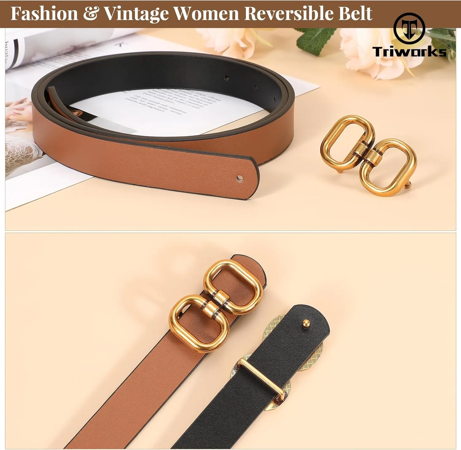 Reversible Leather Belt for Women with Gold Buckle Ladies Leather Belt for Jeans Pants