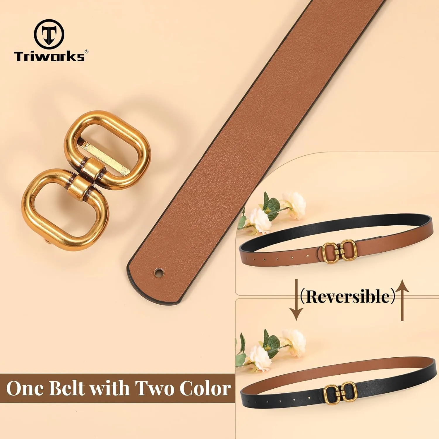 Reversible Leather Belt for Women with Gold Buckle Ladies Leather Belt for Jeans Pants