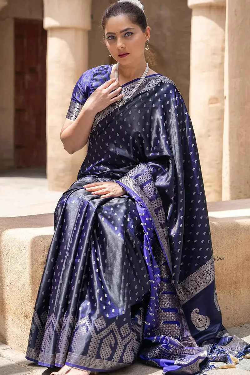 Sensational Navy Blue Soft Silk Saree With Comely Blouse Pieced
