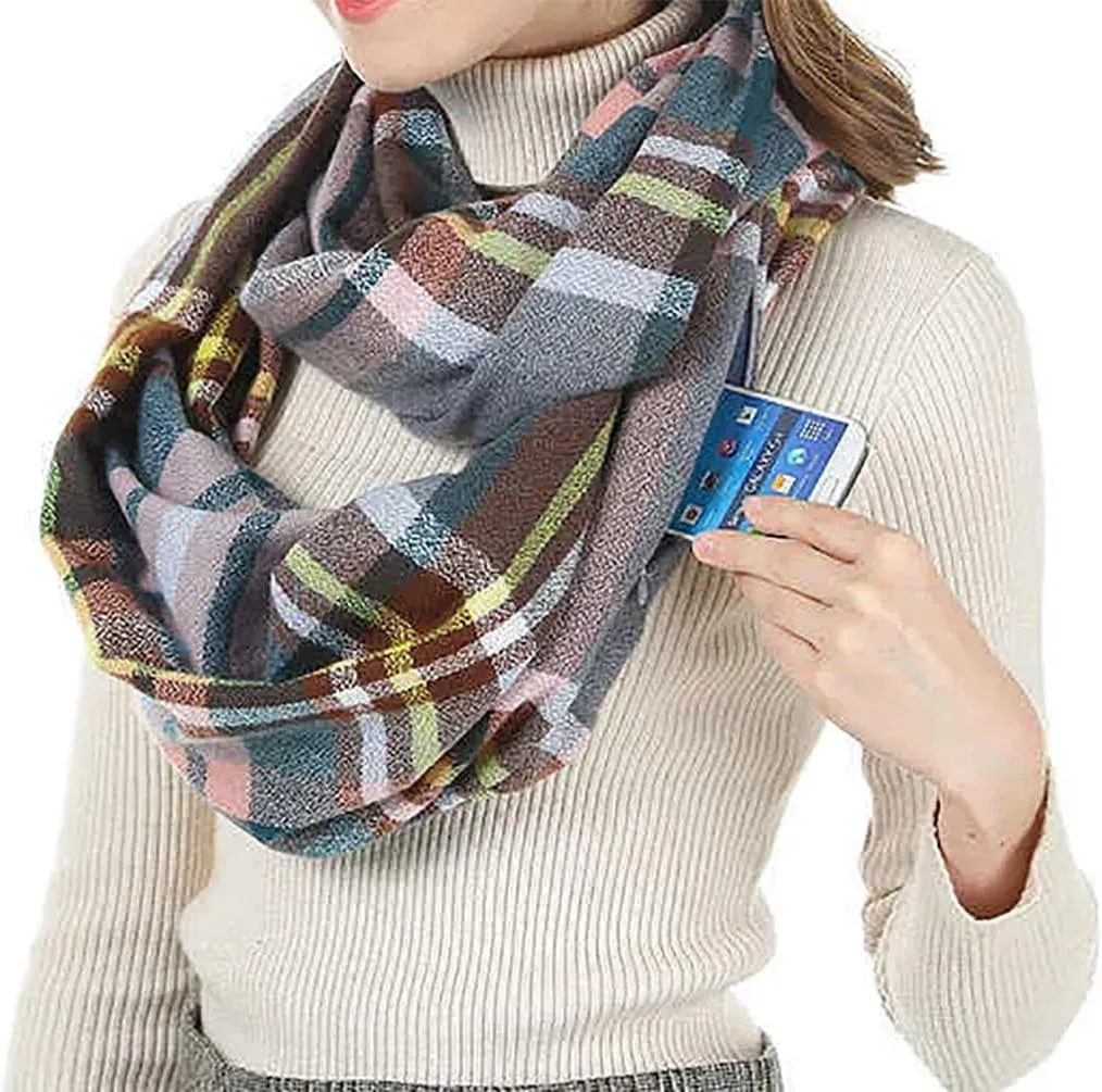 stylesilove Winter Plaid Infinity Scarf with Hidden Zipper Pocket Fashion Travel Scarf for Women and Men