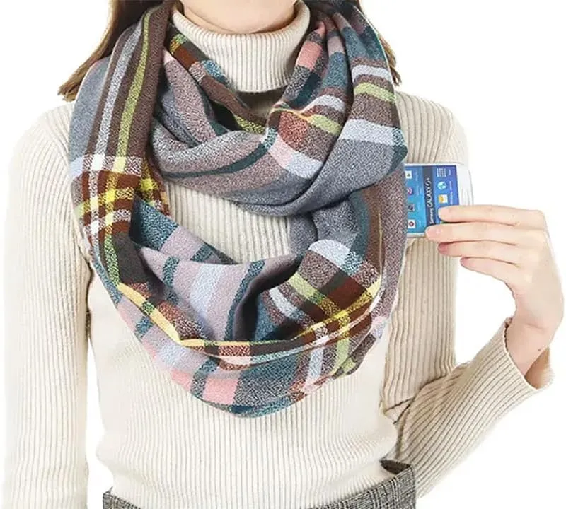 stylesilove Winter Plaid Infinity Scarf with Hidden Zipper Pocket Fashion Travel Scarf for Women and Men