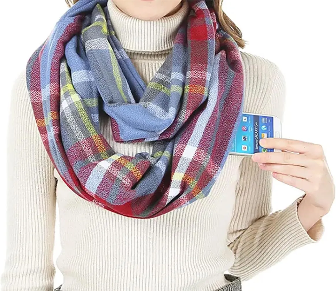 stylesilove Winter Plaid Infinity Scarf with Hidden Zipper Pocket Fashion Travel Scarf for Women and Men