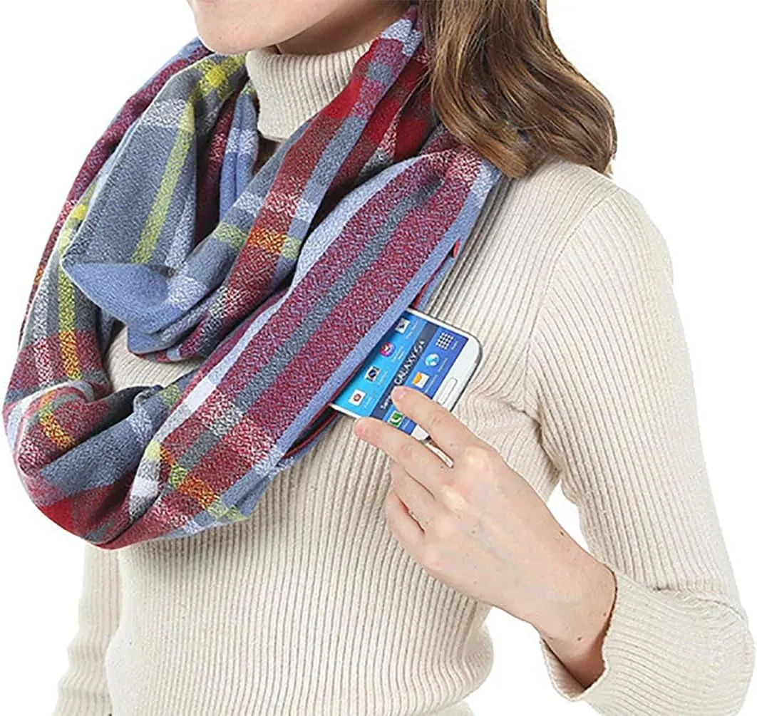 stylesilove Winter Plaid Infinity Scarf with Hidden Zipper Pocket Fashion Travel Scarf for Women and Men