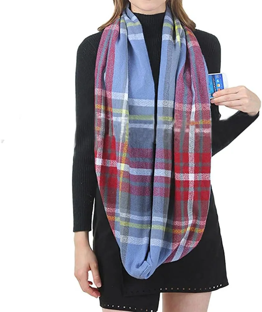 stylesilove Winter Plaid Infinity Scarf with Hidden Zipper Pocket Fashion Travel Scarf for Women and Men