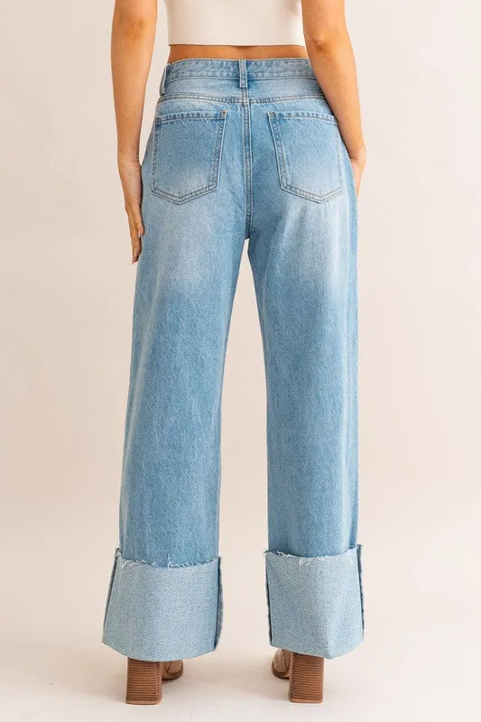 Stylish Comfy High-Waisted Wide Leg Cuffed Denim Pants Jeans