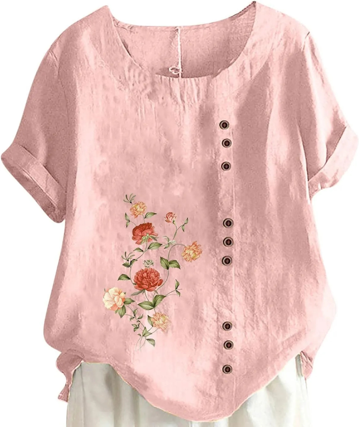 Summer Women Cotton Linen T-Shirts Casual Retro Flower Print Blouses Top Short Sleeve Crewneck Loose Tunic Comfy Soft Tee
