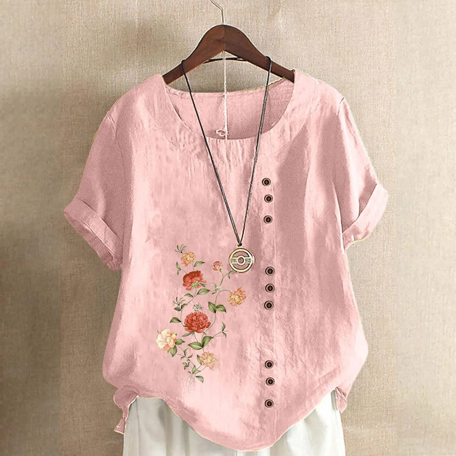Summer Women Cotton Linen T-Shirts Casual Retro Flower Print Blouses Top Short Sleeve Crewneck Loose Tunic Comfy Soft Tee